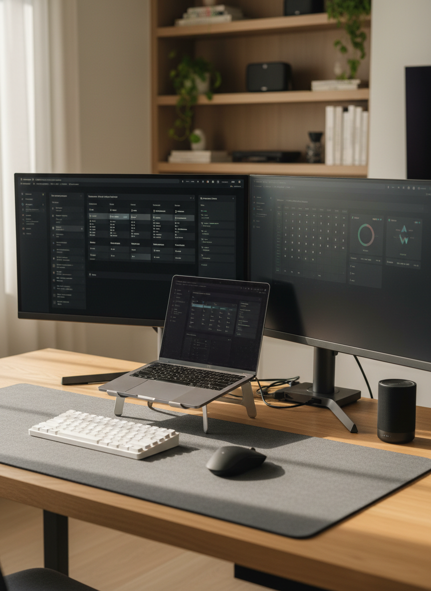 A meticulously organized smart home office desk showcasing a slim, brushed-aluminum laptop flanked by a compact wireless mechanical keyboard with white keycaps and a low-profile ergonomic mouse. Dual 27-inch matte monitors display clean productivity dashboards against a subtle dark-mode interface. The setup rests on a light oak desktop with a charcoal felt desk mat, a small black smart speaker, and a discreet docking station with neatly routed cables. Soft, diffused daylight from an unseen window washes across the scene, creating gentle reflections on the metal surfaces. Photographic realism, shot at eye level with a slight angle and shallow depth of field, keeping the main devices crisp while the background shelves and tech accessories fall into a tasteful bokeh, conveying a calm, professional, and efficient workspace.
